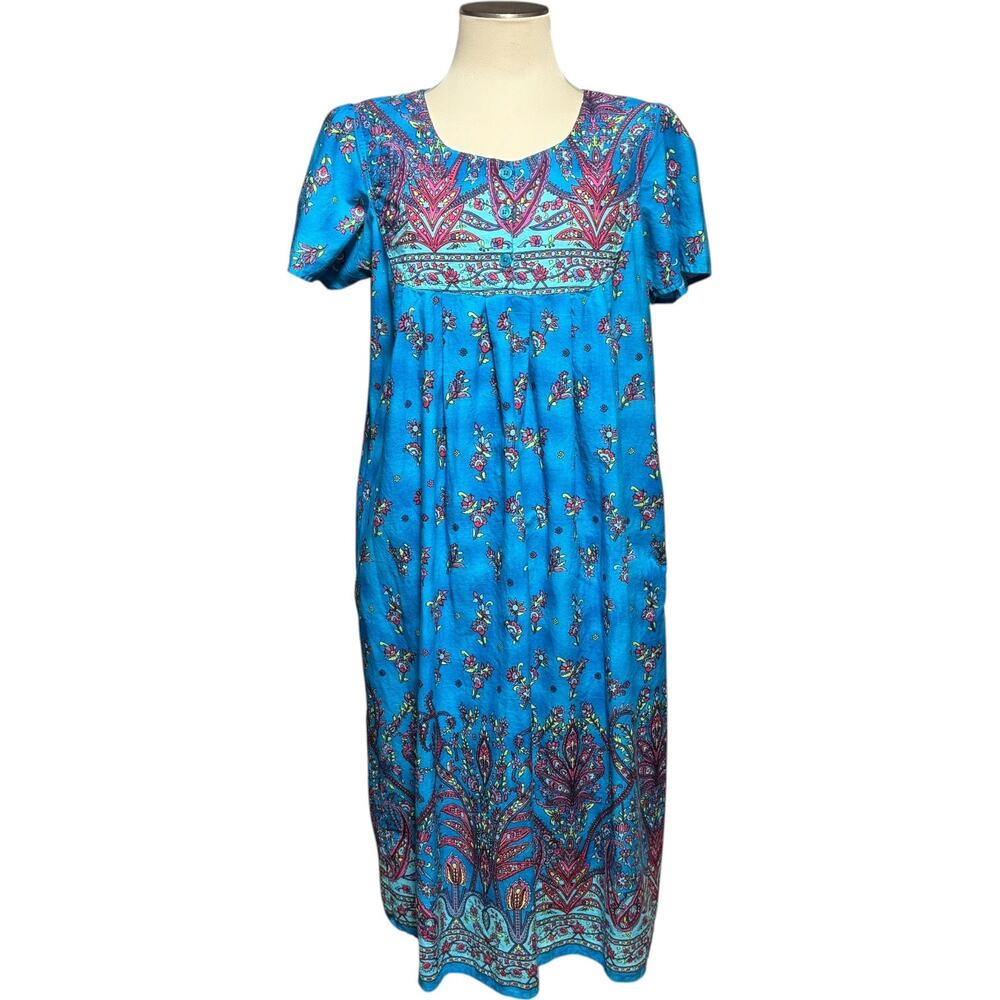 Loungees Cotton House Dress Muumuu Blue Pink Floral XL